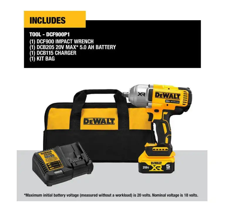 Dewalt 20V MAX XR 1/2 Inch High Torque Impact Wrench with Hog Ring Anvil Kit - DCF900P1