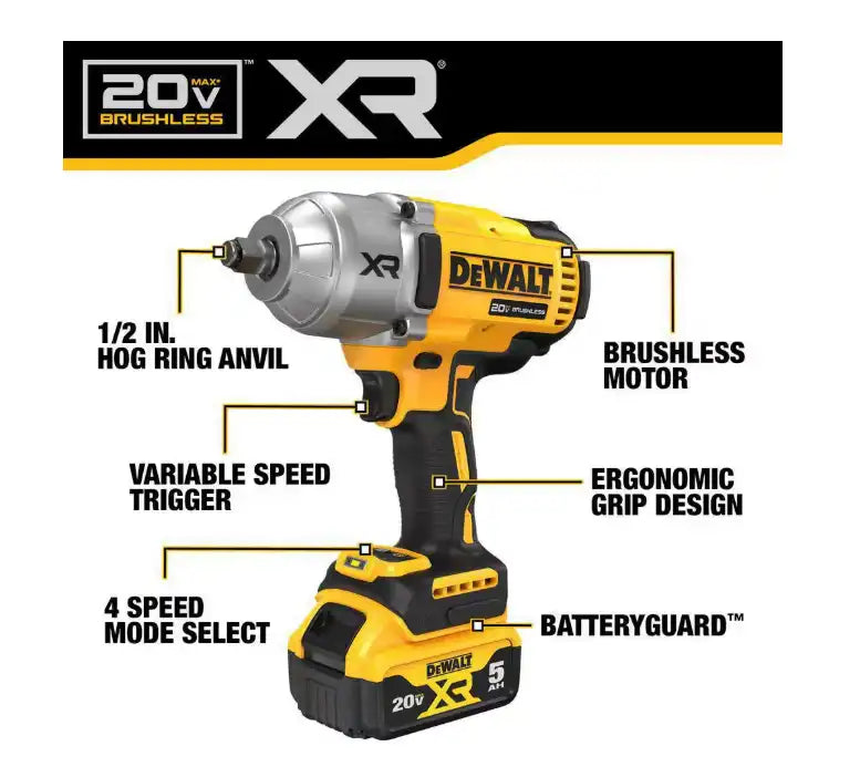 Dewalt 20V MAX XR 1/2 Inch High Torque Impact Wrench with Hog Ring Anvil Kit - DCF900P1