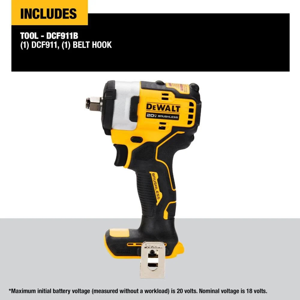 Dewalt 20V MAX Brushless 1/2 Inch Compact Impact Wrench with Hog Ring Anvil (Tool Only) - DCF911B