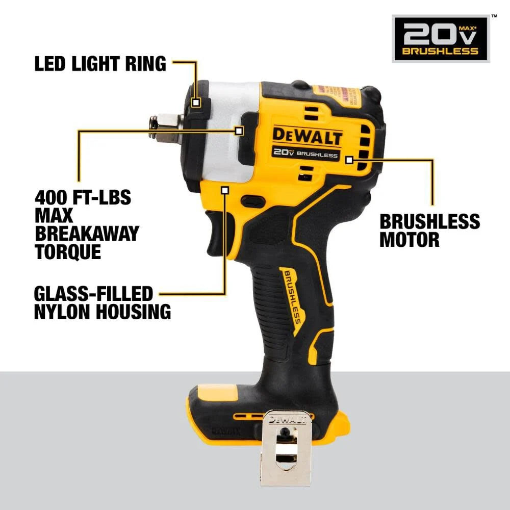 Dewalt 20V MAX Brushless 1/2 Inch Compact Impact Wrench with Hog Ring Anvil (Tool Only) - DCF911B