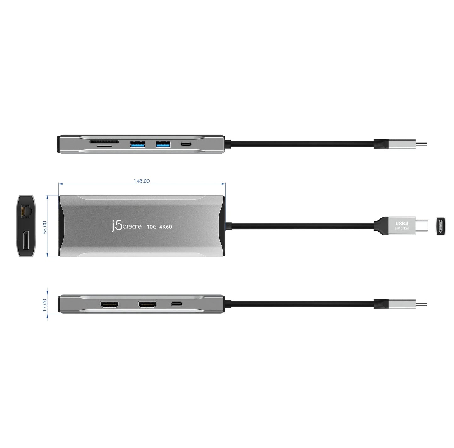 J5Create JCD397 4K60 Elite USB-C Triple Monitor 11-in-1 Mini Dock - Space Grey