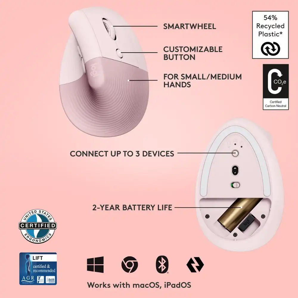 Logitech LIFT Vertical Wireless Ergonomic Mouse - Rose