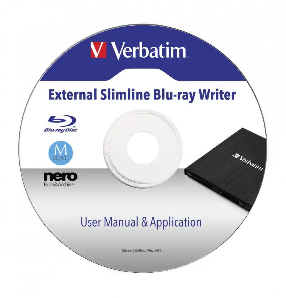 Verbatim External Slimline Blu-ray Writer - USB 3.2 Gen 1 Blu-ray and DVD RW Drive - 43890