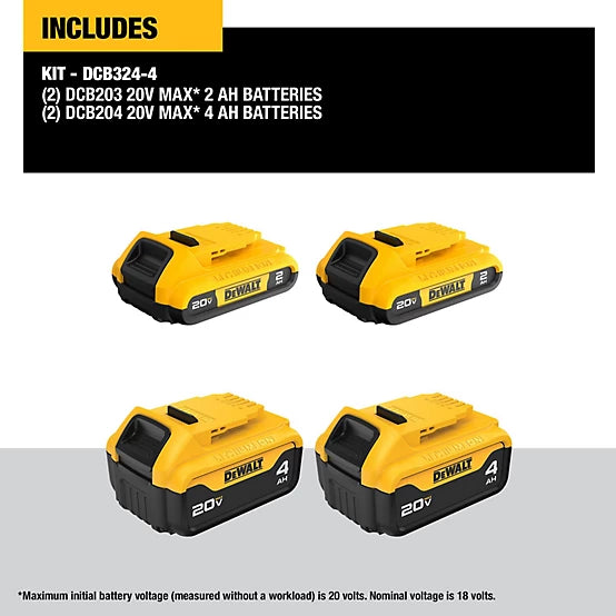 Dewalt 20V MAX Lithium Ion Batteries - 2Ah / 4Ah - 4 Pack - DCB324-4