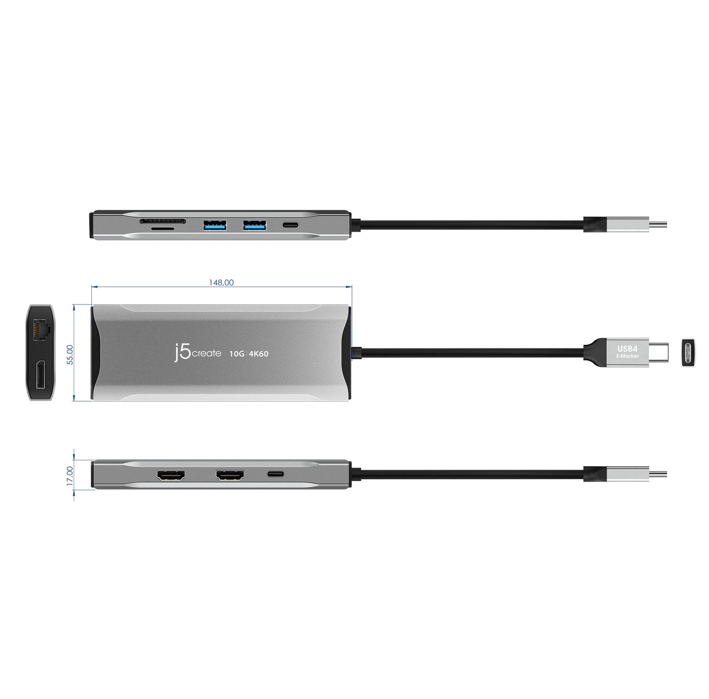 J5Create JCD397 4K60 Elite USB-C Triple Monitor 11-in-1 Mini Dock - Space Grey