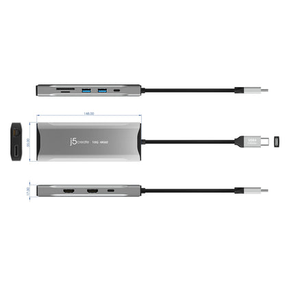J5Create JCD397 4K60 Elite USB-C Triple Monitor 11-in-1 Mini Dock - Space Grey