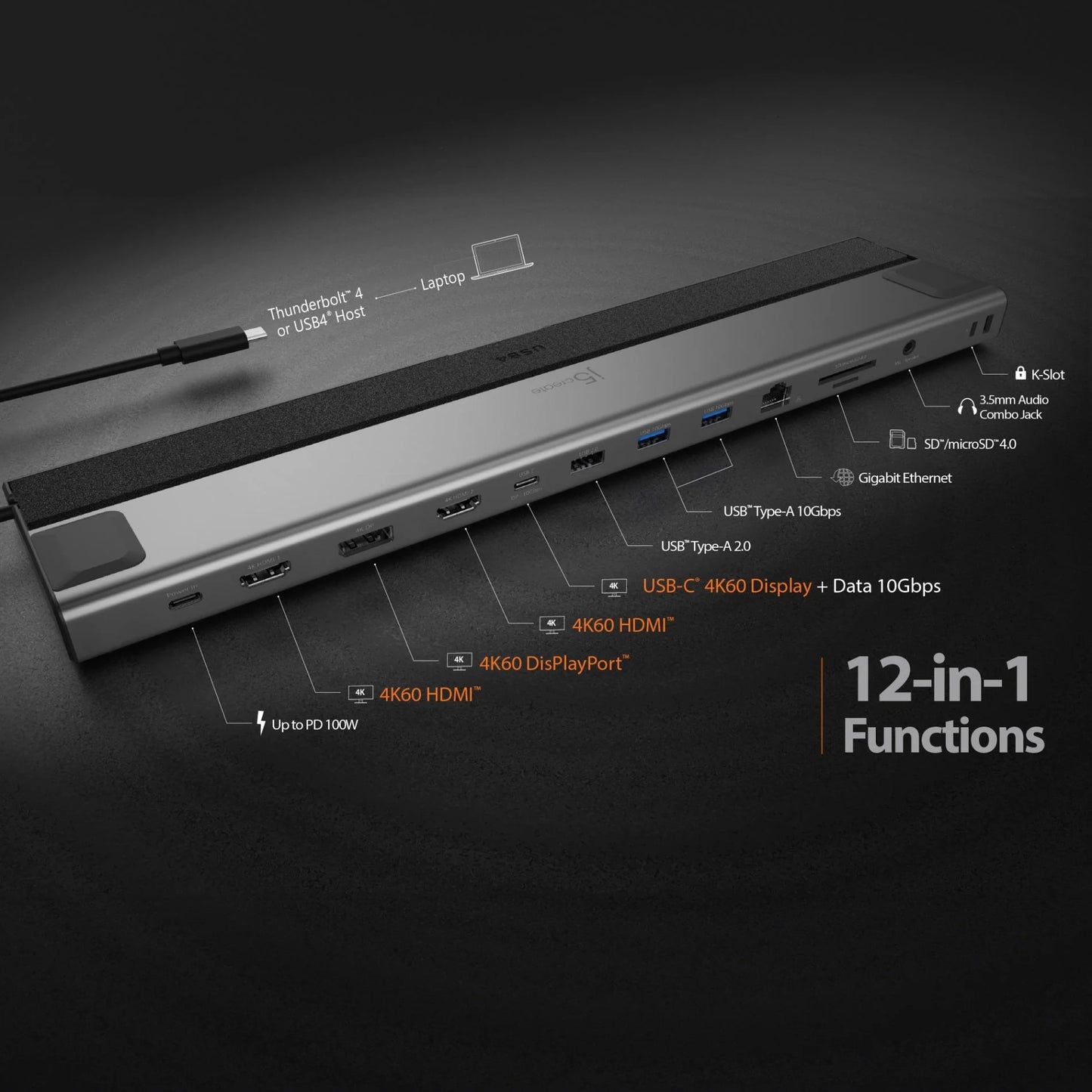 J5Create JCD554 USB4 Triple 4K Display Docking Station - 12-in-1 Functions