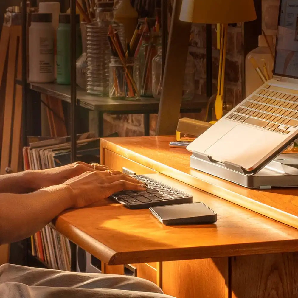 Logitech Casa Pop-Up Desk - Foldaway Desk Kit with Laptop Stand, Keyboard, and Touchpad - Classic Chic