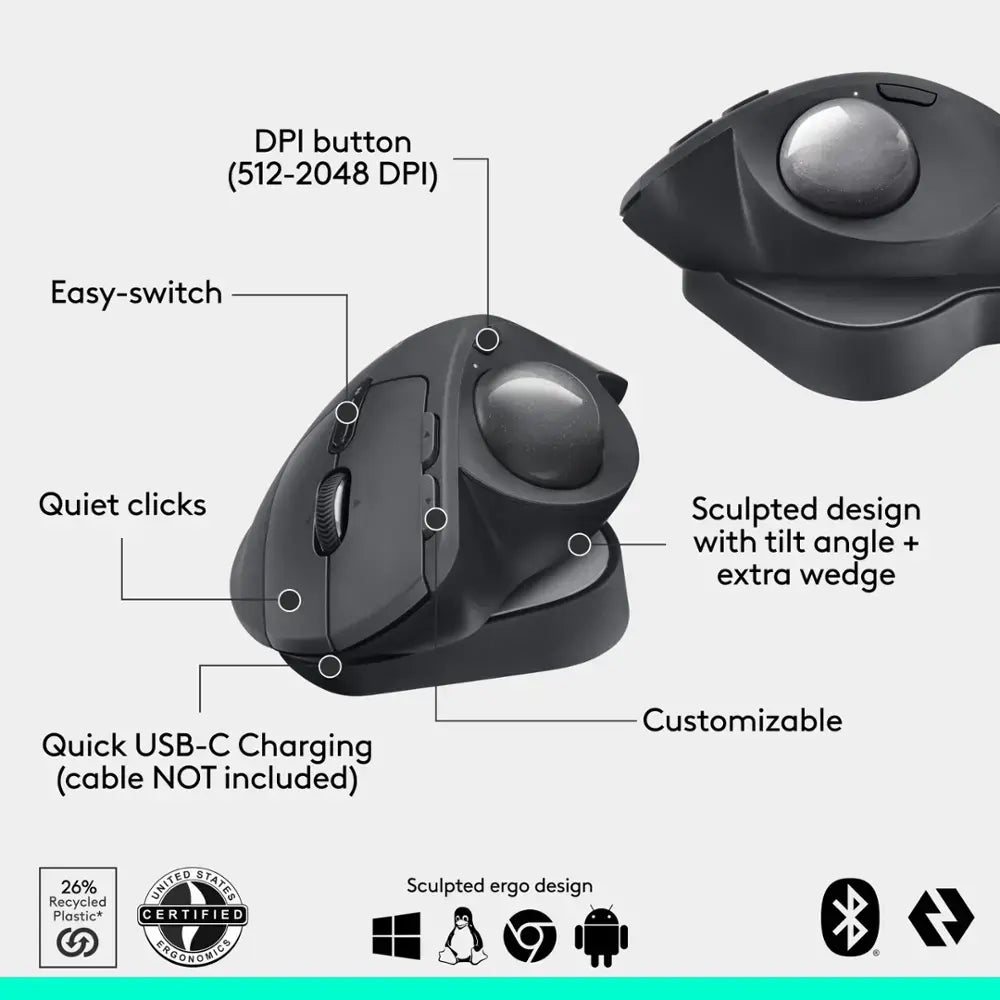 Logitech MX Ergo S Plus Advanced Wireless Ergonomic Trackball Mouse with Wedge - 910-007247 - Graphite