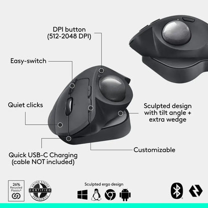 Logitech MX Ergo S Plus Advanced Wireless Ergonomic Trackball Mouse with Wedge - 910-007247 - Graphite
