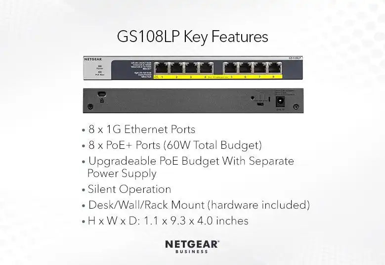 Netgear GS108LP 8-Port Gigabit Ethernet PoE+ Unmanaged Switch with FlexPoE