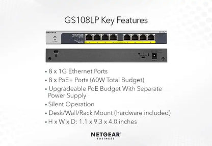 Netgear GS108LP 8-Port Gigabit Ethernet PoE+ Unmanaged Switch with FlexPoE
