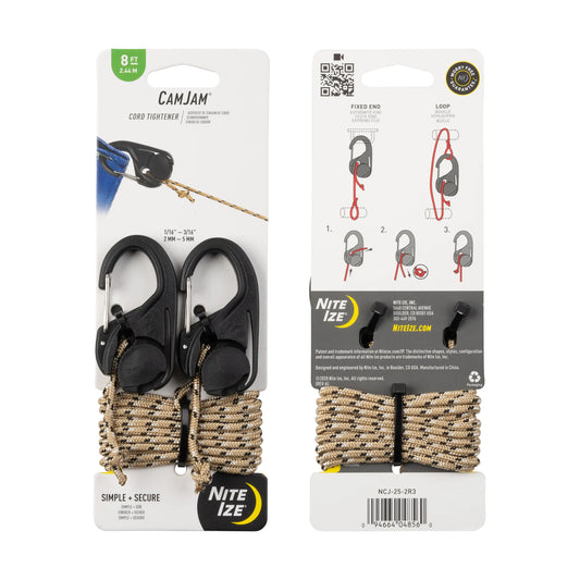 Nite Ize CamJam Cord Tightener - 2-Pack with 8FT Rope - NCJ-25-2R3 - Plastic