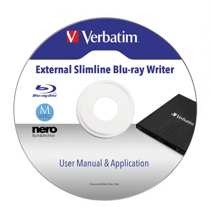 Verbatim External Slimline Blu-ray Writer - USB 3.2 Gen 1 Blu-ray and DVD RW Drive - 43890